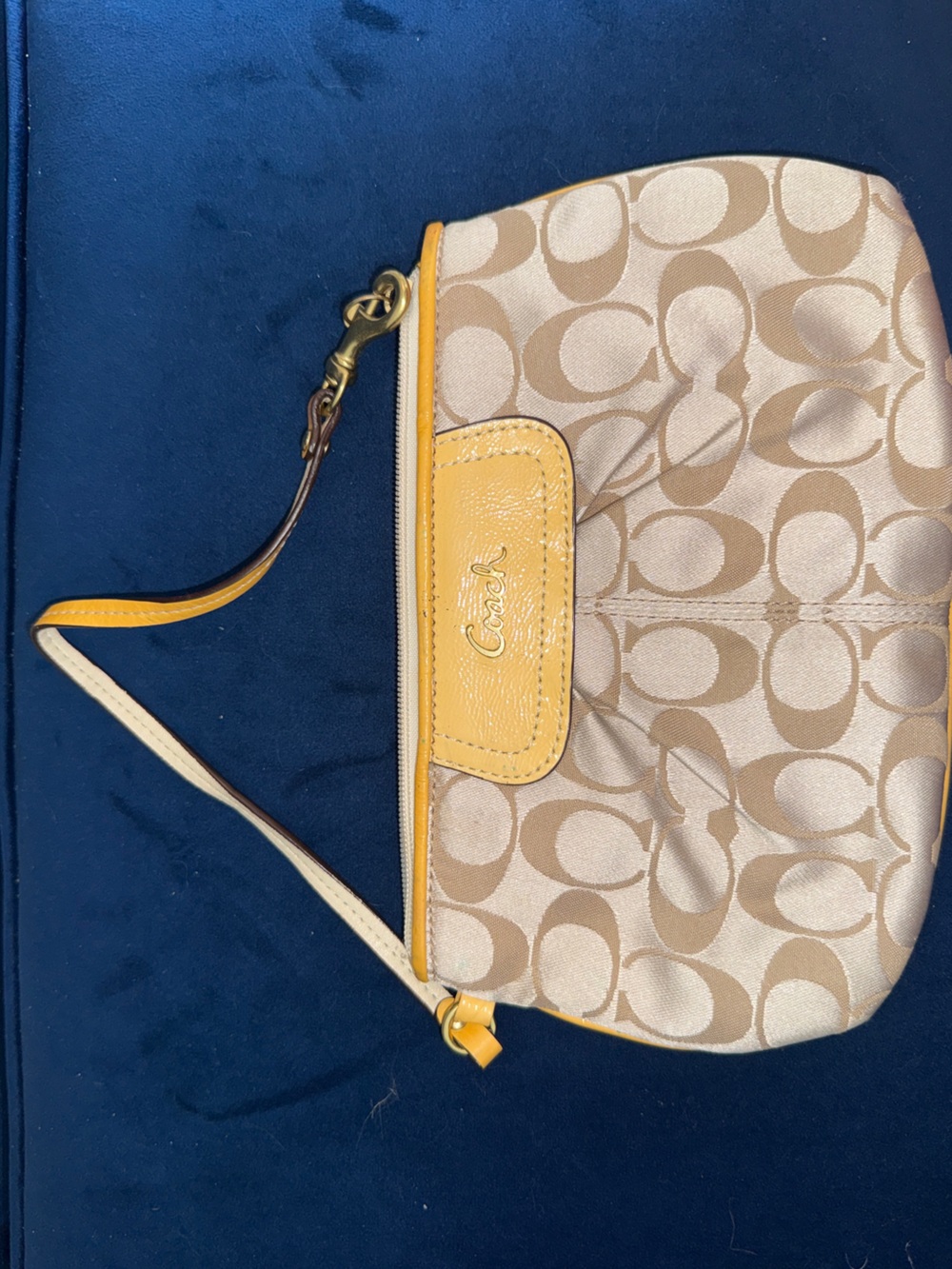 Coach Beige Signature Canvas Wristlet with Yellow Trim